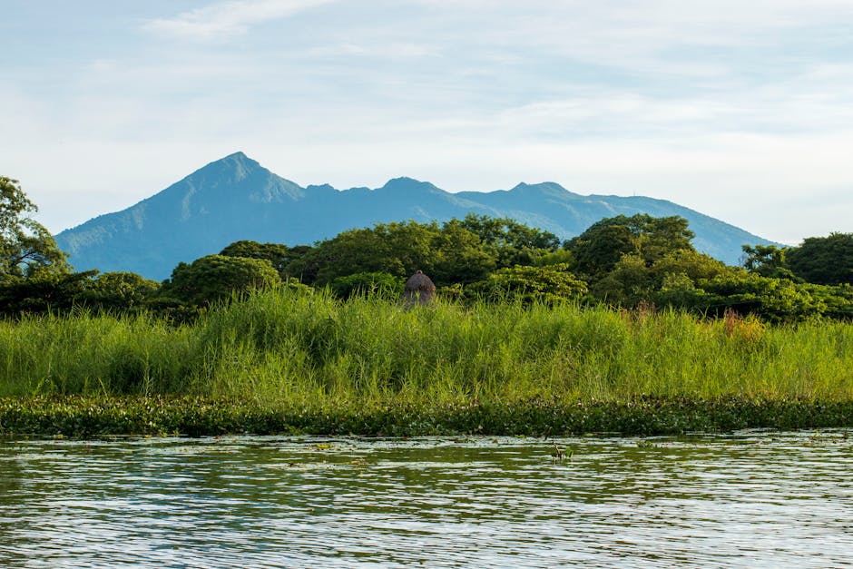 Volcán Mombacho al fondo con vegetación tropical y aguas tranquilas en Granada, Nicaragua