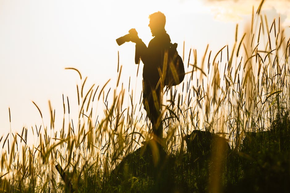 Fotografo en silueta contra un atardecer dorado en un campo