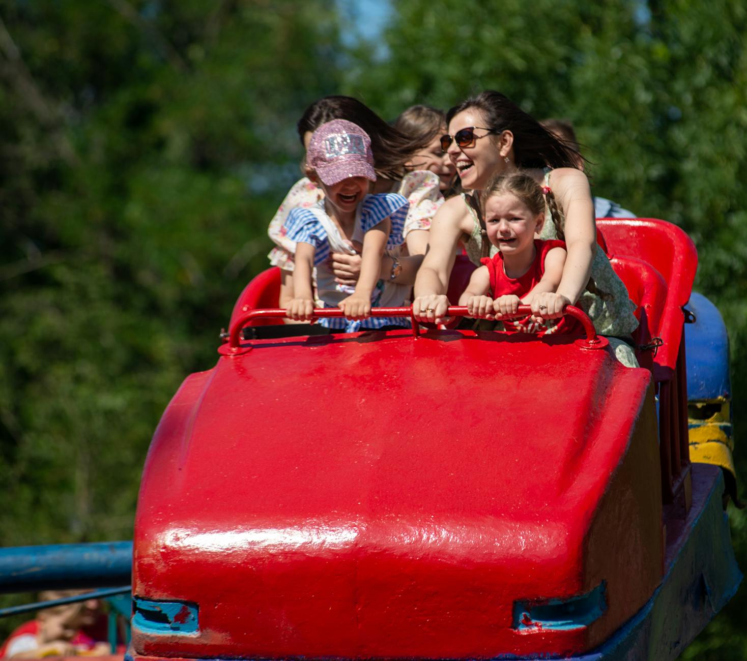 Familia con niños y adultos disfrutando de las atracciones en un parque temático