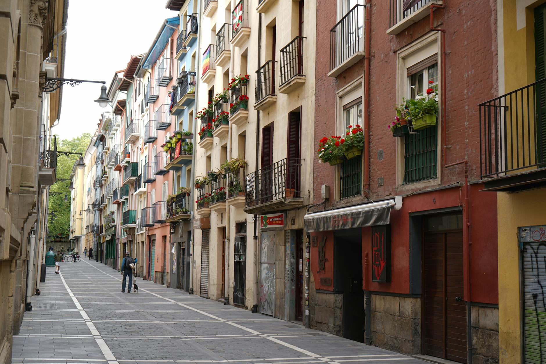 Calle de Pamplona con una hilera de edificios residenciales coloridos en el casco viejo