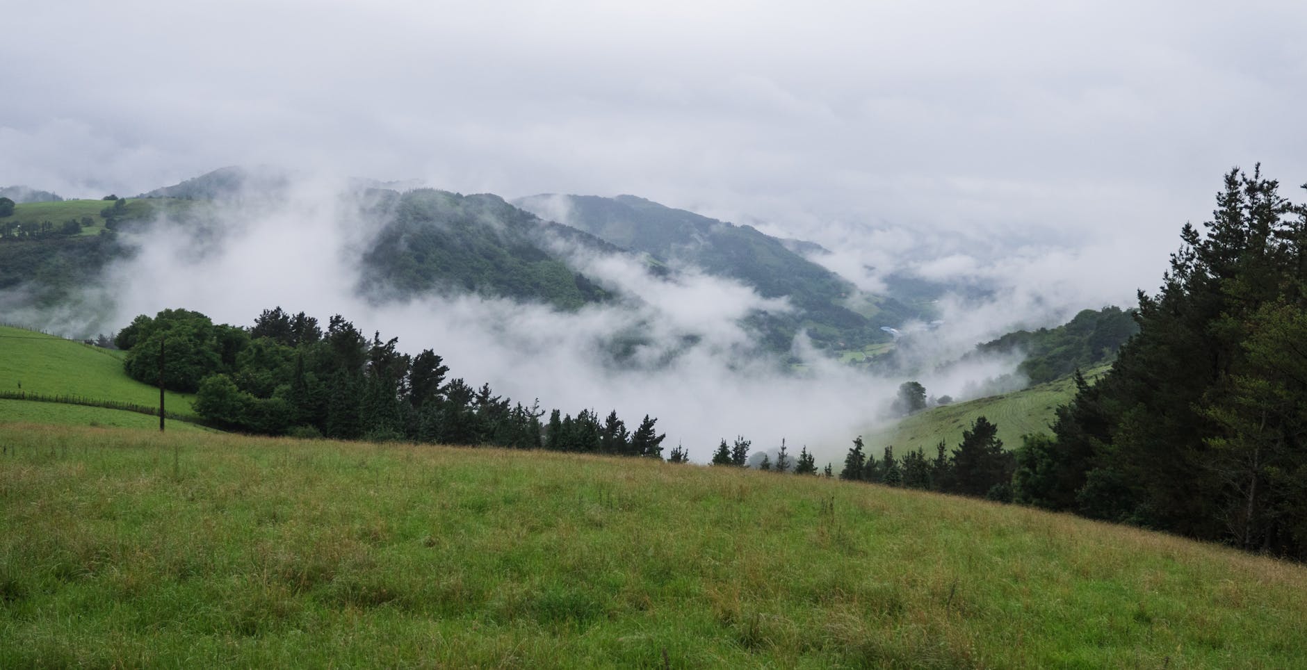 Colinas verdes cubiertas de niebla en Zarautz, País Vasco - paisaje típico de Euskadi