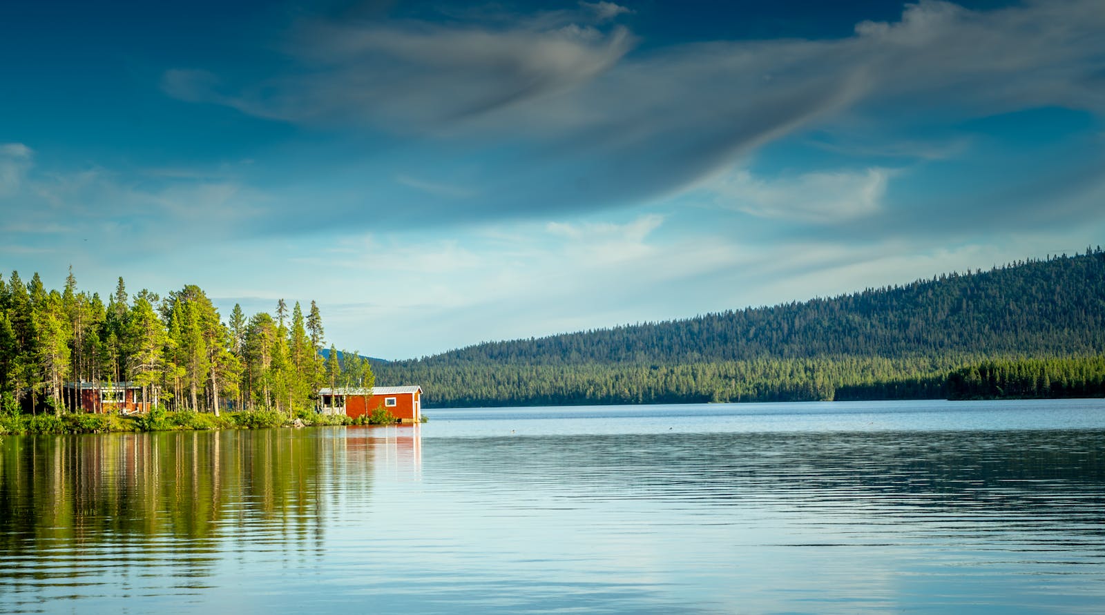 Casas rojas tradicionales junto a un lago sueco rodeado de bosque de pinos
