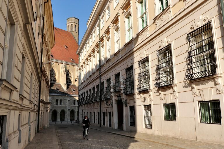 Calle estrecha del centro de Viena con edificios historicos y un ciclista