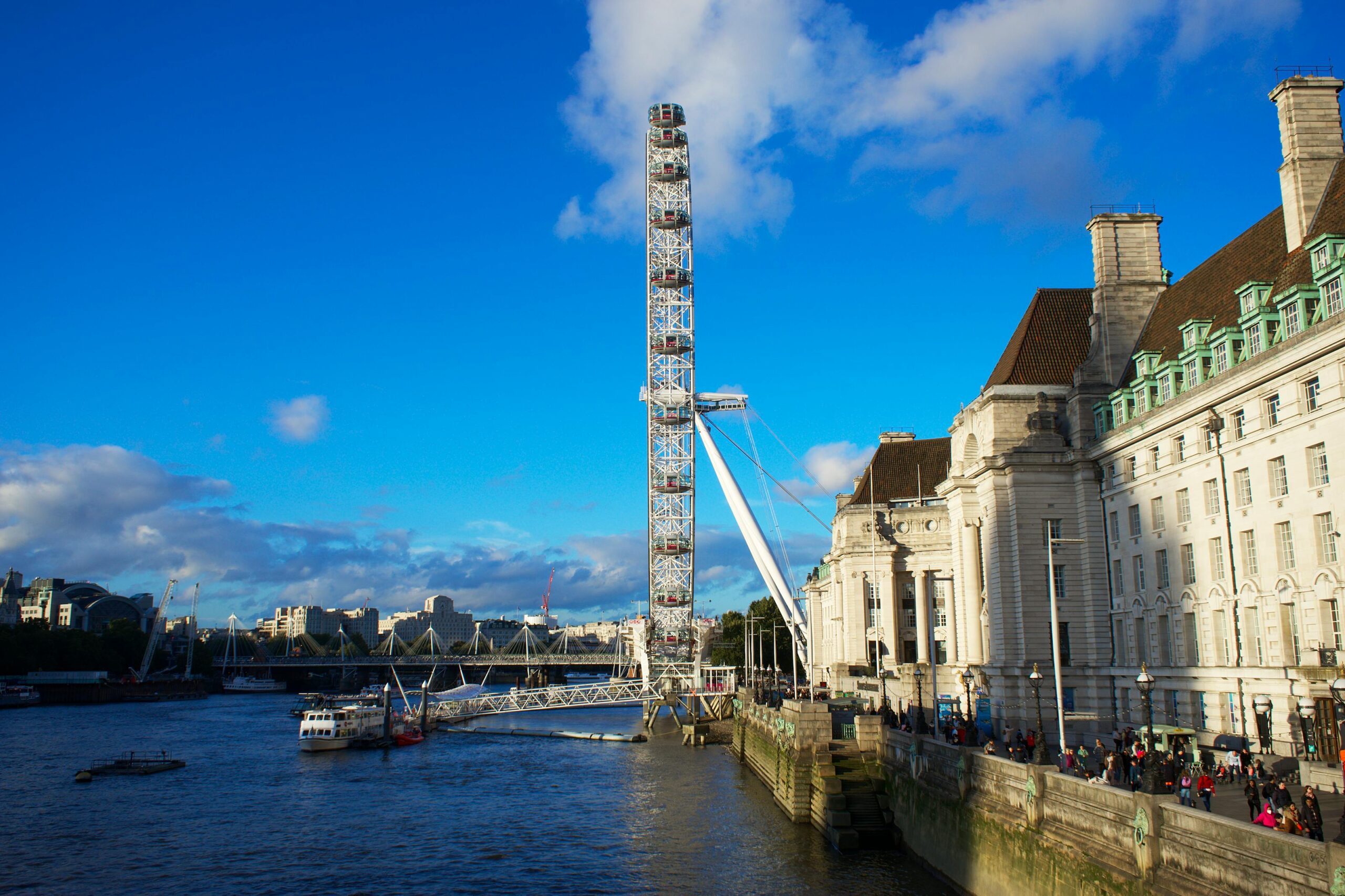 London Eye junto al rio Tamesis bajo un cielo azul claro