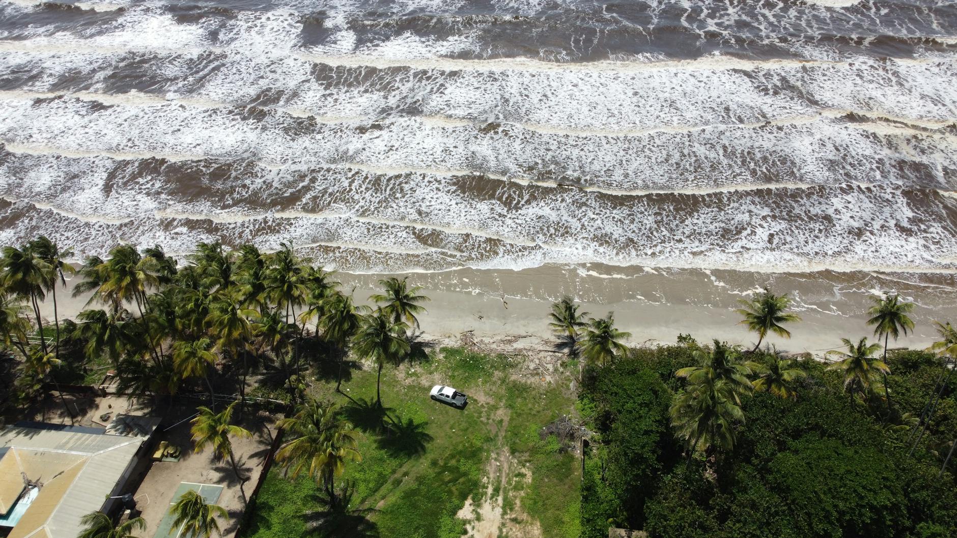 Vista aerea de Mayaro Beach en Trinidad con palmeras y olas
