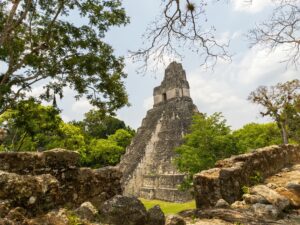 Templo del Gran Jaguar en Tikal rodeado de selva del Peten en Guatemala