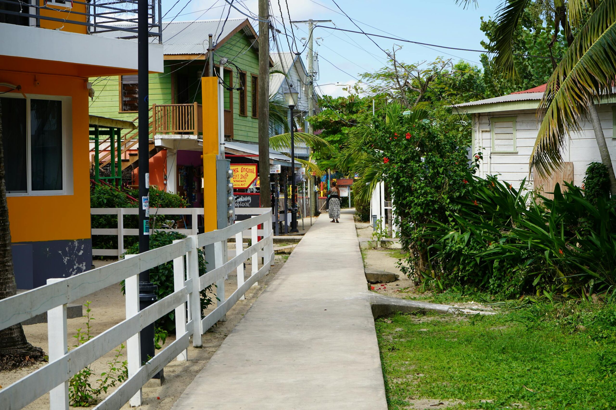 Belice 2026: guía honesta para viajar al secreto del Caribe maya 5 Calle peatonal con casas de colores entre palmeras en Placencia, Belice