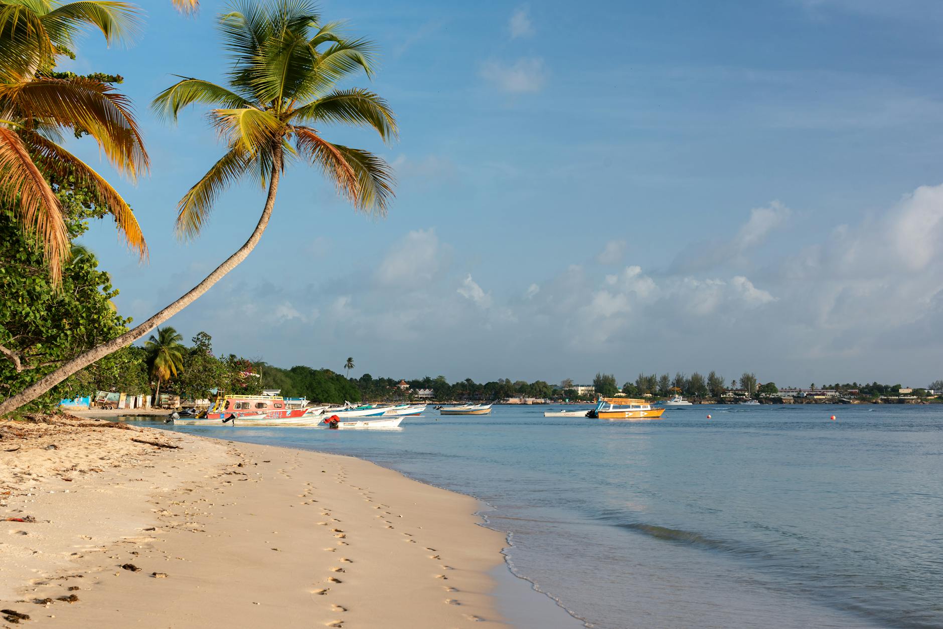 Pigeon Point en Tobago con palmeras y barcos en aguas turquesa