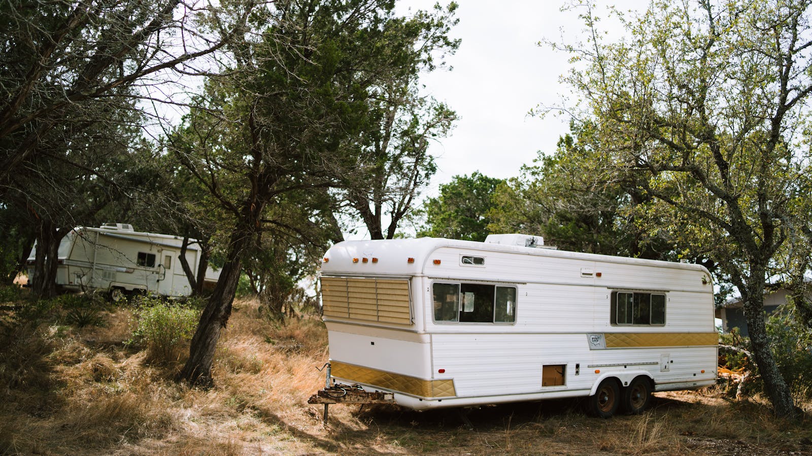 Tráileres vintage de camping rodeados de árboles en un bosque