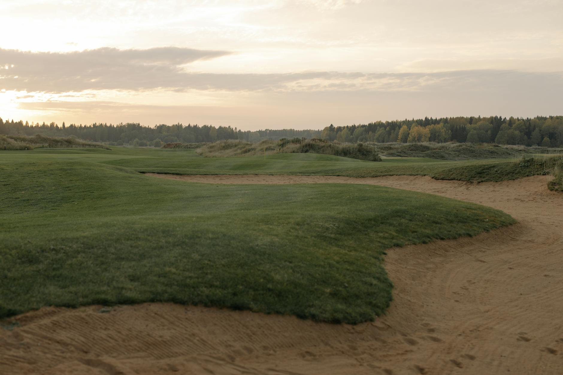 Atardecer sobre el green de un campo de golf con luz dorada