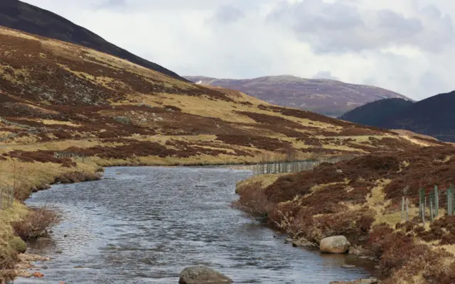 Paisaje de las Highlands de Escocia con praderas verdes y cielo nublado
