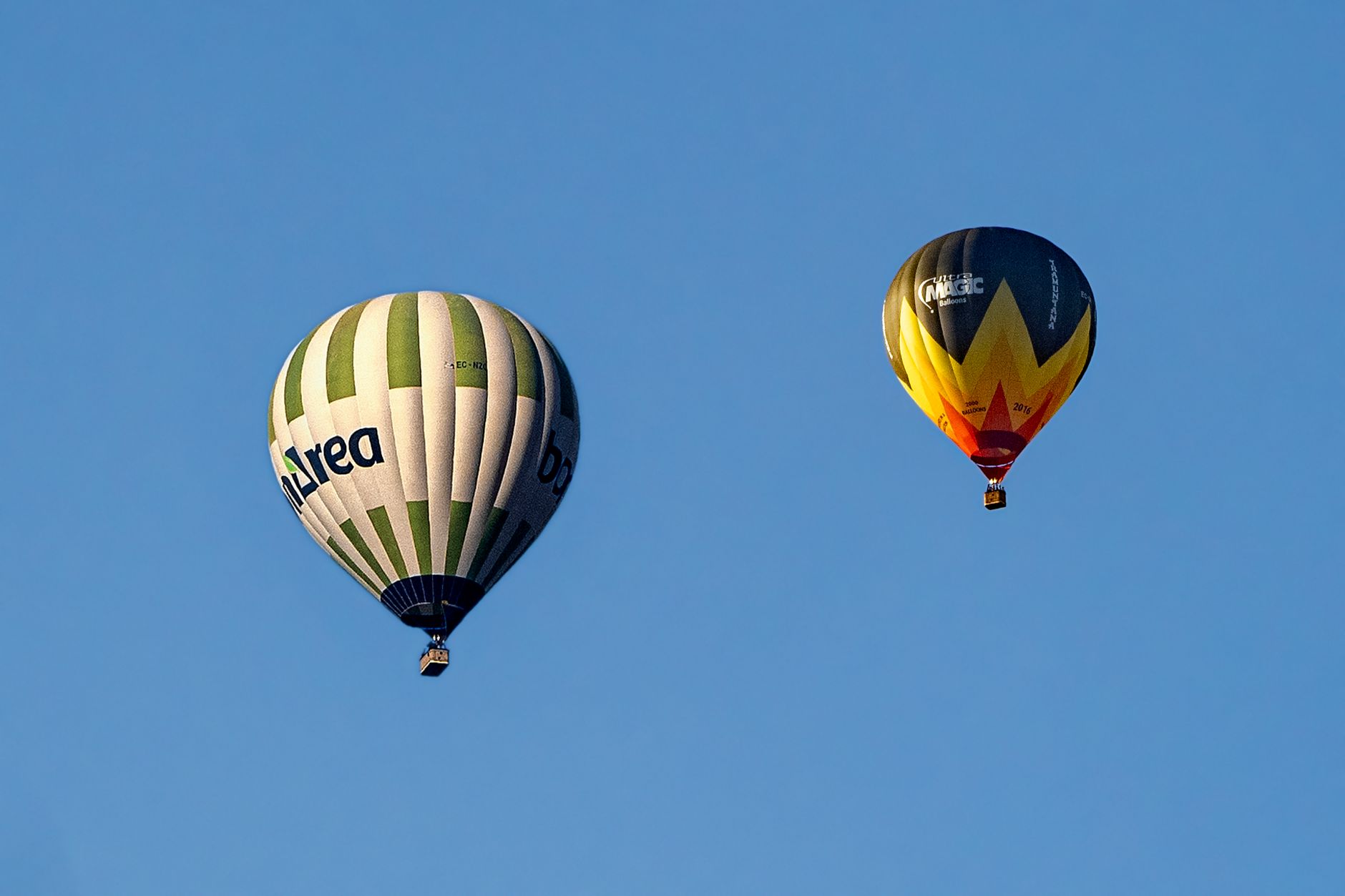 Varios globos aerostáticos de colores despegando en Cataluña con el Pirineo al fondo