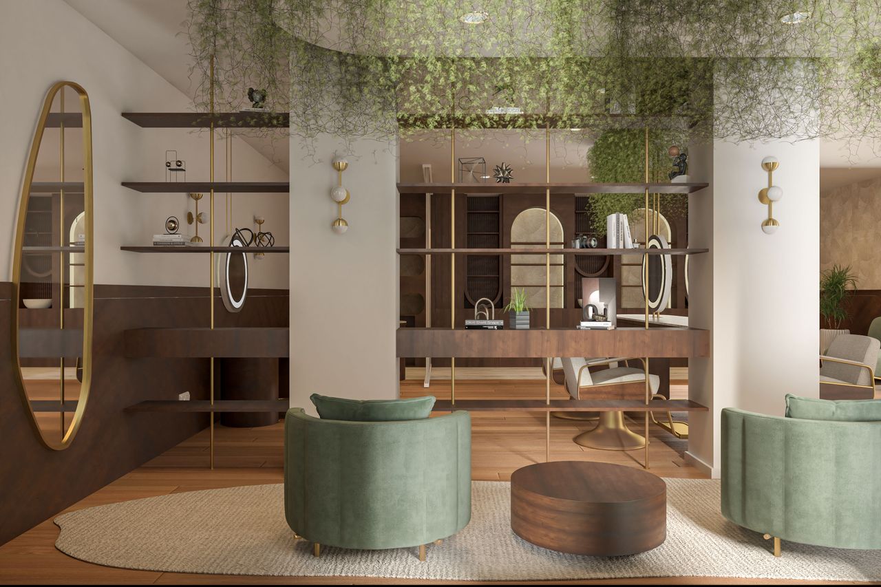 Sanderson Hotel Londres: arte surrealista en el West End 1 Interior elegante de un hotel de diseño contemporáneo con mobiliario artístico