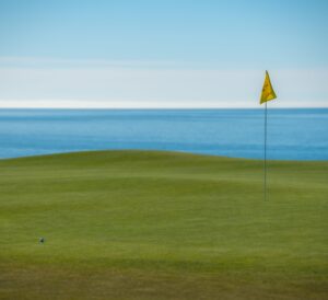 Campo de golf junto al mar con bandera y green de putt