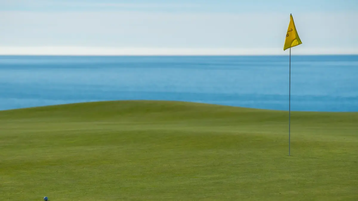 Campo de golf junto al mar con bandera y green de putt