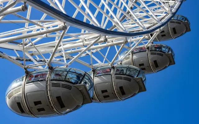 Capsulas de cristal del London Eye vistas de cerca contra un cielo azul