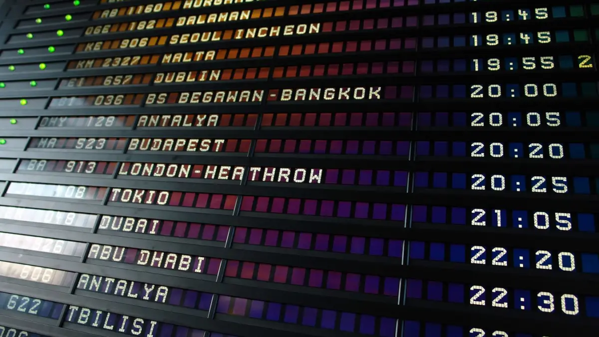 Panel retro de salidas de un aeropuerto con destinos internacionales