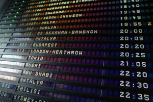Panel retro de salidas de un aeropuerto con destinos internacionales