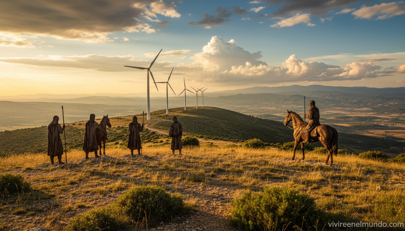 Monumento al peregrino del Alto del Perdon en Navarra con aerogeneradores al fondo