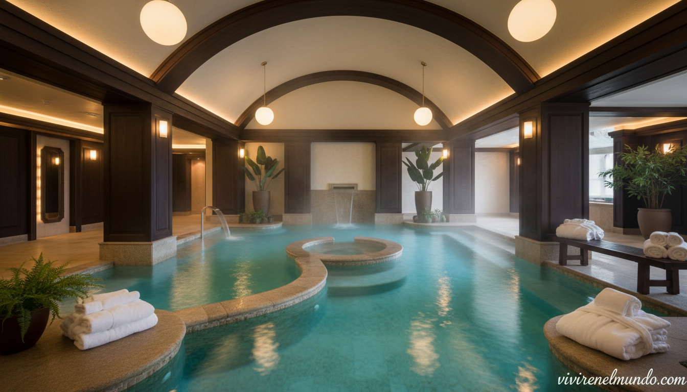 Interior elegante de un balneario termal moderno con piscinas termales humeantes y decoración en madera