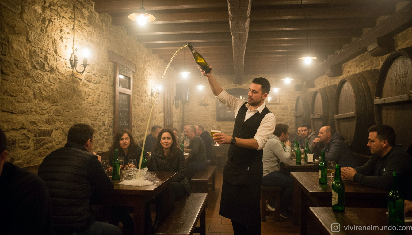 Escanciando sidra asturiana en una sidreria tradicional de Oviedo