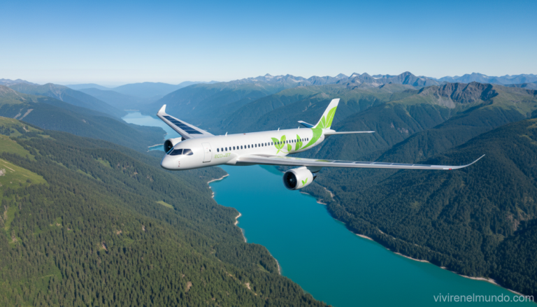 avión volando sobre paisaje verde y sostenible
