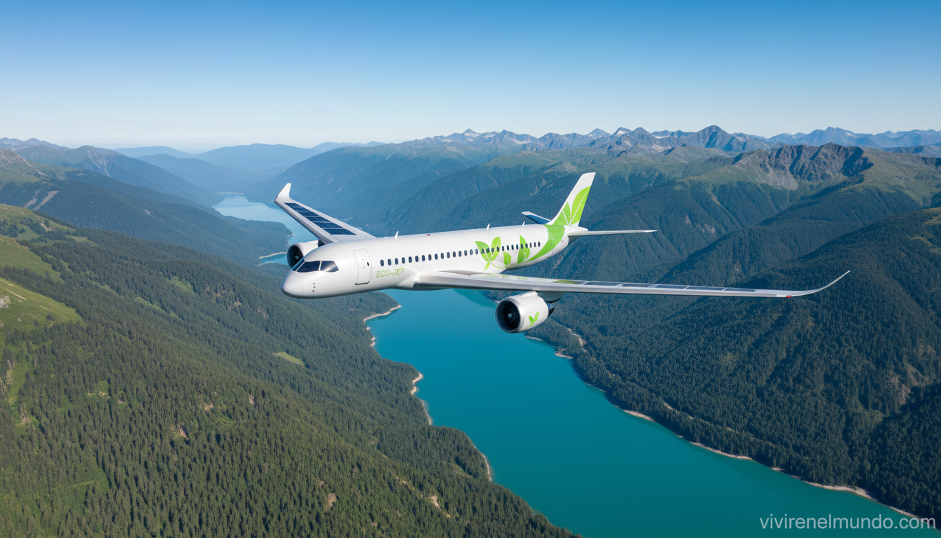 avión volando sobre paisaje verde y sostenible