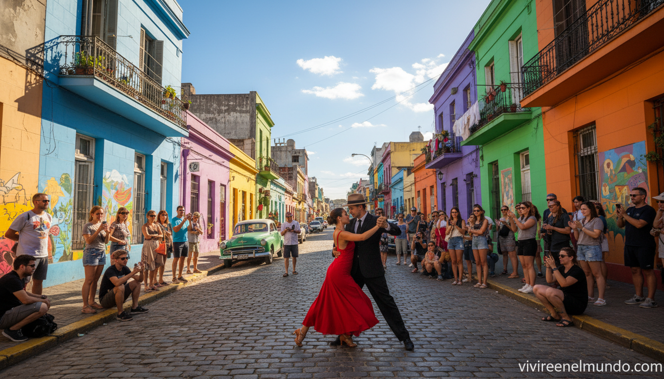 Calle Caminito en el barrio de La Boca de Buenos Aires con bailarines de tango