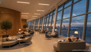 Zona de descanso moderna en aeropuerto internacional