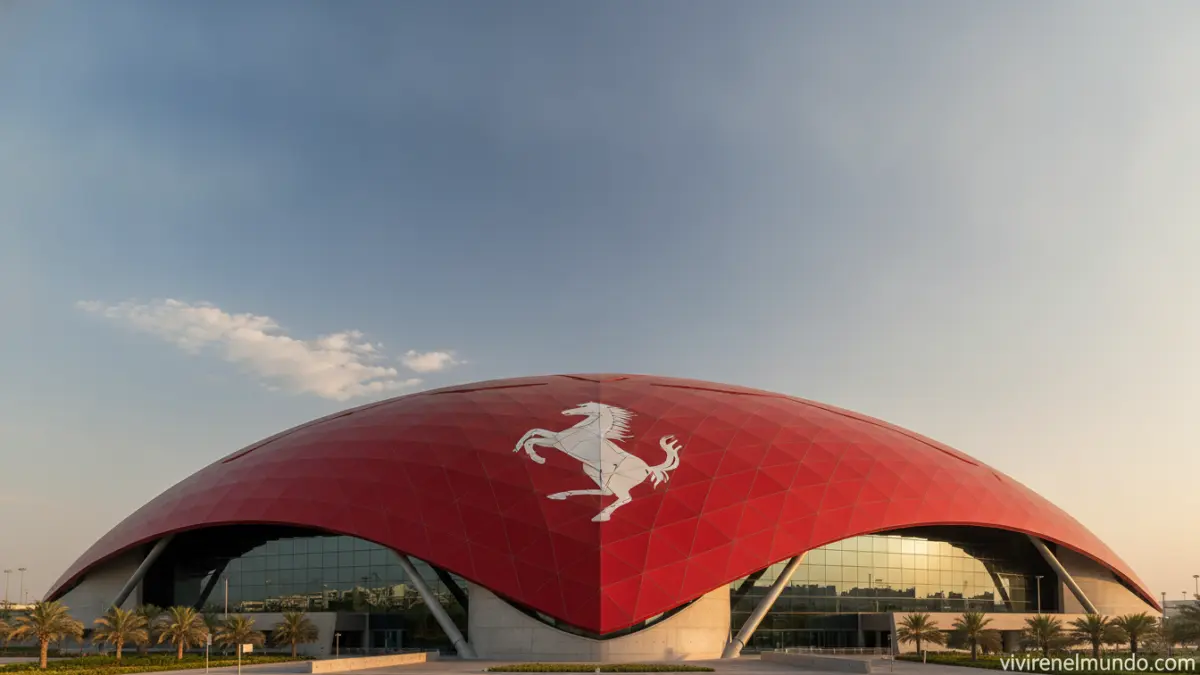 Ferrari World Abu Dhabi en la isla de Yas con el icónico techo rojo