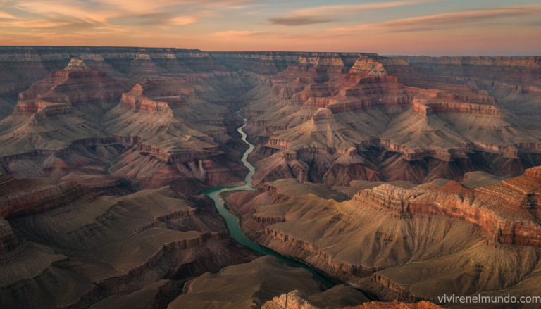 Vista aérea del Gran Cañón de Arizona con las capas roñas del colorado al fondo
