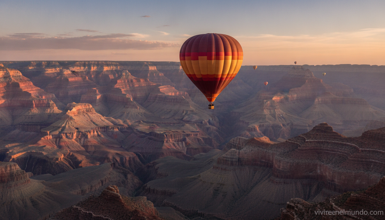 Globo aerostático flotando sobre el Gran Cañón al amanecer