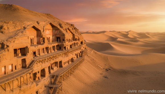 Grutas de Mogao en el acantilado del desierto de Dunhuang, China