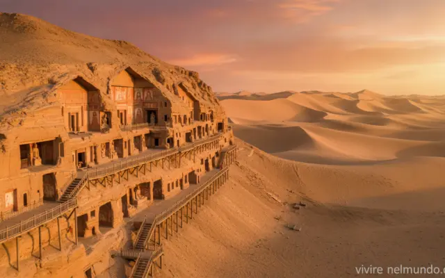 Grutas de Mogao en el acantilado del desierto de Dunhuang, China