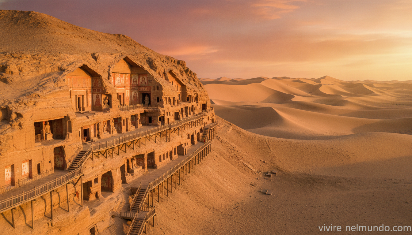 Grutas de Mogao en el acantilado del desierto de Dunhuang, China