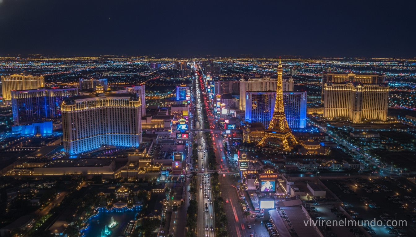 Vista aérea del Strip de Las Vegas de noche con los neones de los casinos