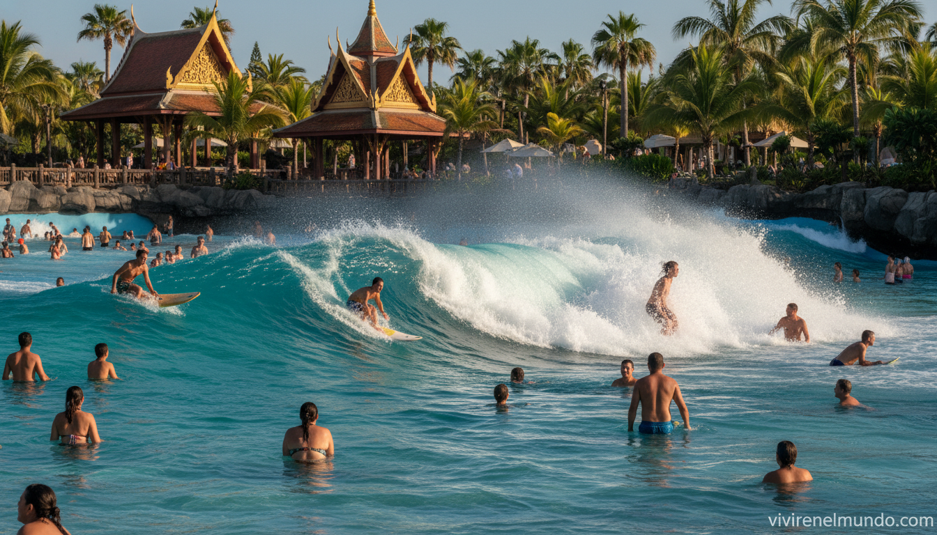Siam Park Tenerife: guía completa para visitar en 2026 1 Piscina de olas gigantes del Siam Park con familias disfrutando del surf artificial