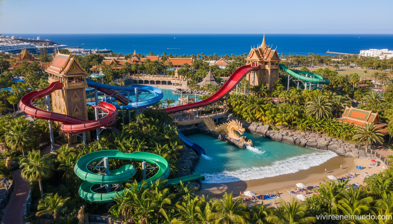Vista aérea de Siam Park en Tenerife con el parque acúático y la playa artificial
