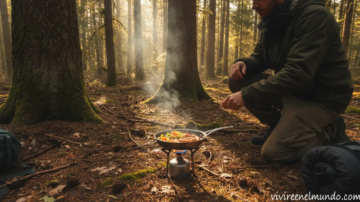 persona cocinando con hornillo de gas en un campamento en el bosque