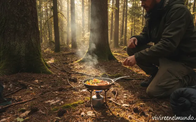 persona cocinando con hornillo de gas en un campamento en el bosque