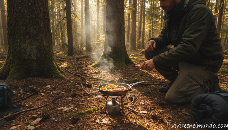 Home Elementor 6 persona cocinando con hornillo de gas en un campamento en el bosque
