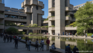 fachada del Barbican Centre de Londres con su arquitectura brutalista y el lago