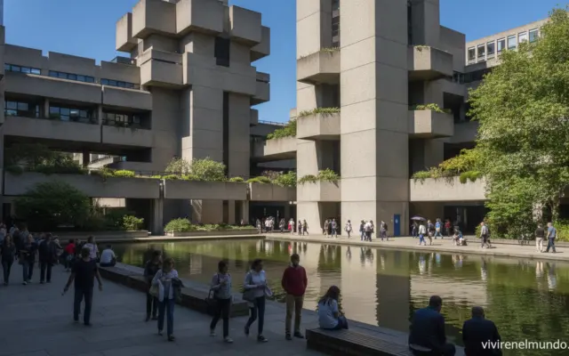 fachada del Barbican Centre de Londres con su arquitectura brutalista y el lago