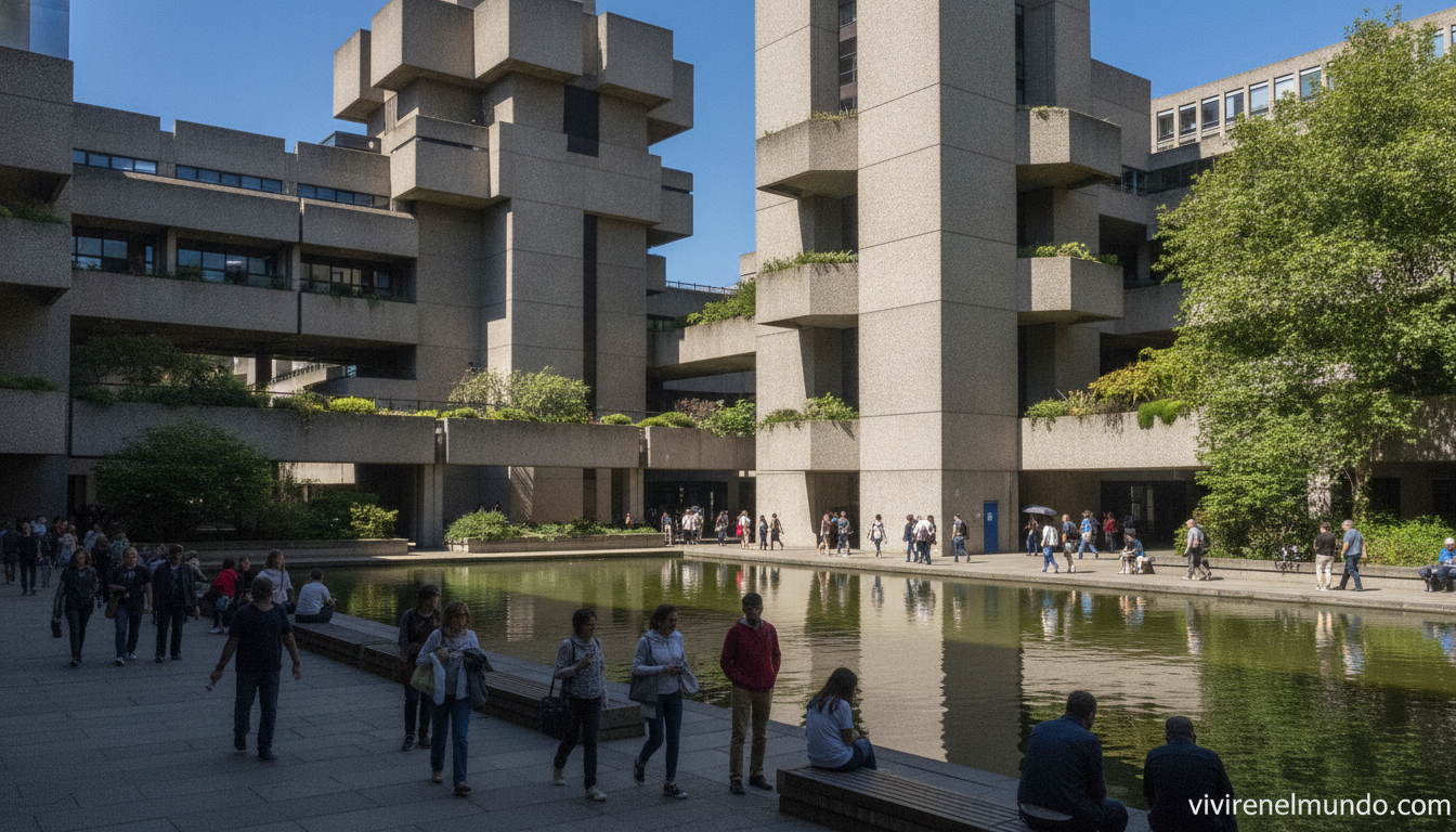 fachada del Barbican Centre de Londres con su arquitectura brutalista y el lago