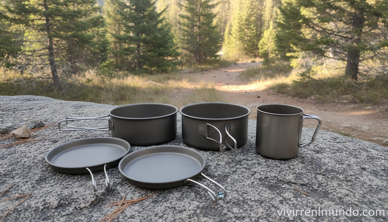 kit de utensilios de cocina para camping ultraligero sobre una roca