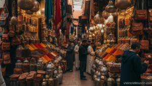 zoco de Marrakech con puestos de especias y artísticos de colores en la medina