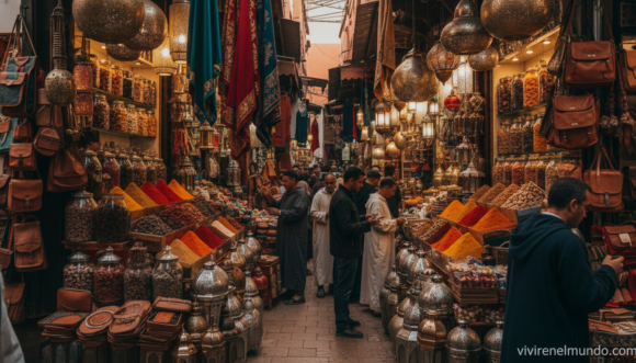 Home Elementor 1 zoco de Marrakech con puestos de especias y artísticos de colores en la medina