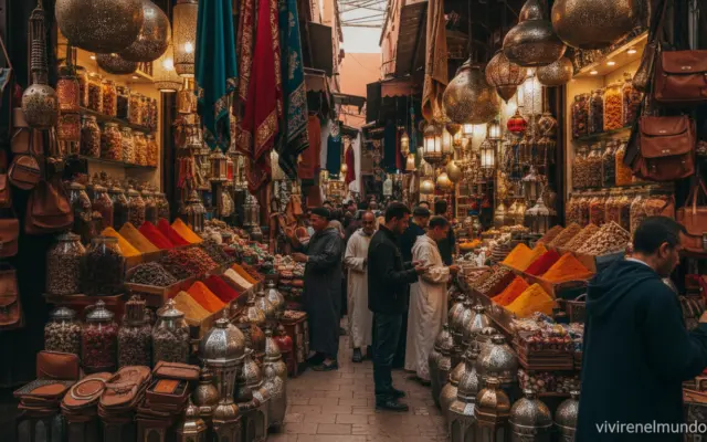 zoco de Marrakech con puestos de especias y artísticos de colores en la medina