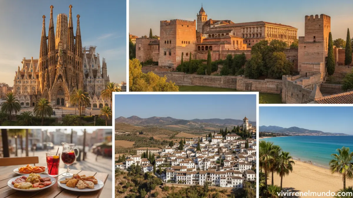 collage de destinos turísticos de España con la Sagrada Familia, la Alhambra y playas mediterráneas