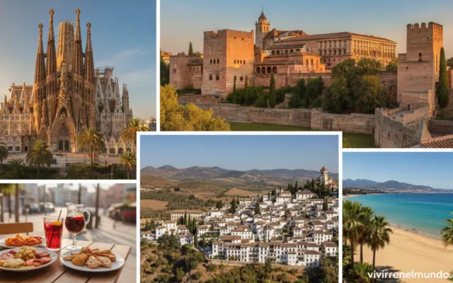collage de destinos turísticos de España con la Sagrada Familia, la Alhambra y playas mediterráneas